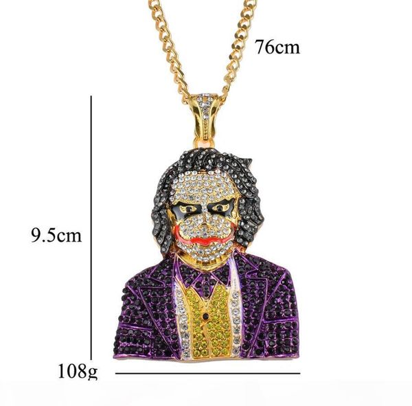 k fashion iced out large cartoon clown cosplay pendant necklace mens hip hop necklace jewelry 76cm gold cuban chain for men women, Silver